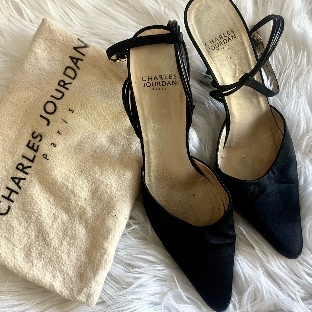 🌹 RARE 🌹 Charles Jourdan Vintage Black Satin Shoes with Hand Painted Heels